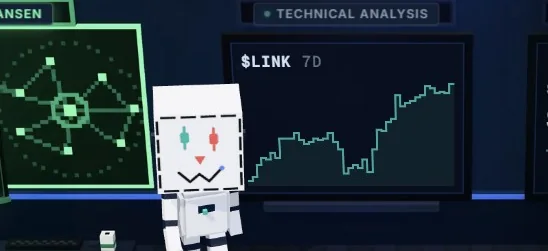 The robot at the Technical Analysis wall screen showing the LINK chart
